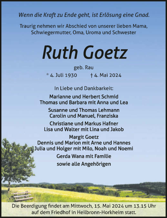 Traueranzeige von Ruth Goetz von GESAMT