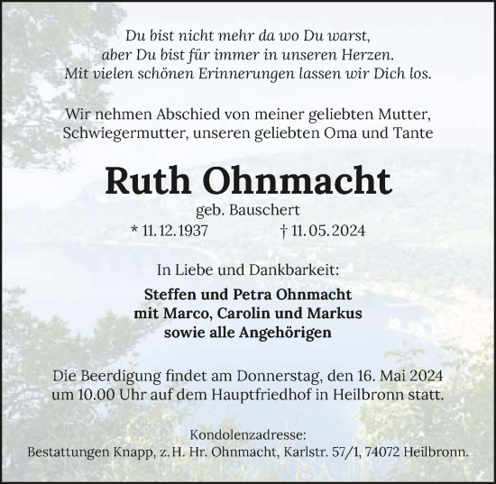 Traueranzeige von Ruth Ohnmacht von GESAMT