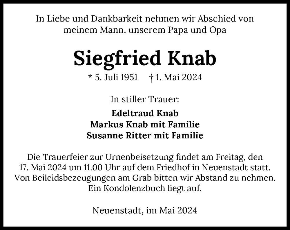  Traueranzeige für Siegfried Knab vom 14.05.2024 aus GESAMT