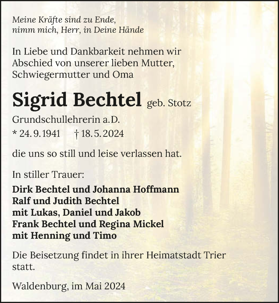  Traueranzeige für Sigrid Bechtel vom 25.05.2024 aus GESAMT