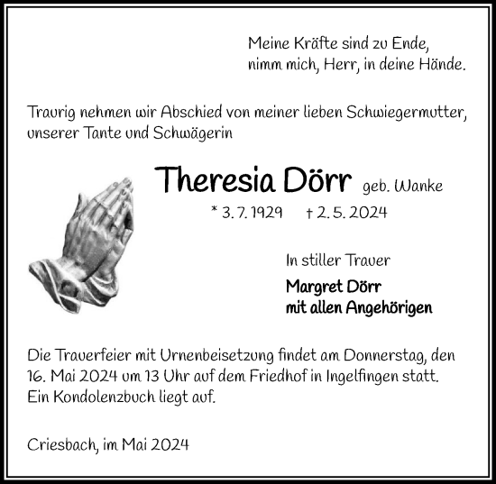 Traueranzeige von Theresia Dörr von GESAMT
