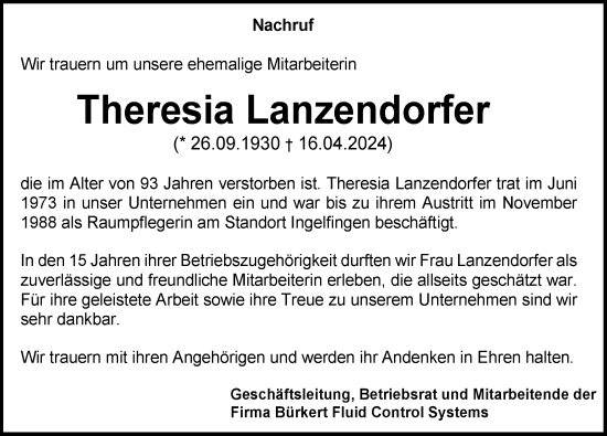 Traueranzeige von Theresia Lanzendorfer von GESAMT