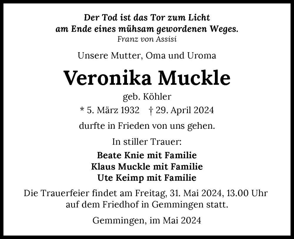  Traueranzeige für Veronika Muckle vom 11.05.2024 aus GESAMT