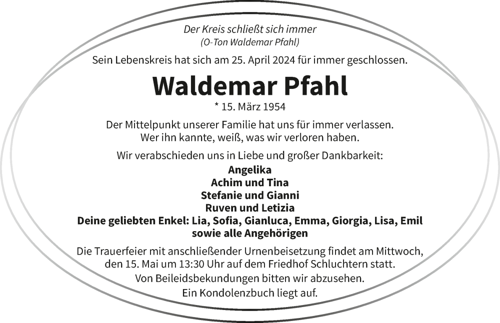 Traueranzeige für Waldemar Pfahl vom 11.05.2024 aus GESAMT