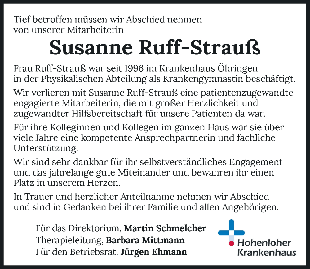  Traueranzeige für Susanne Ruff-Strauß vom 26.06.2024 aus GESAMT