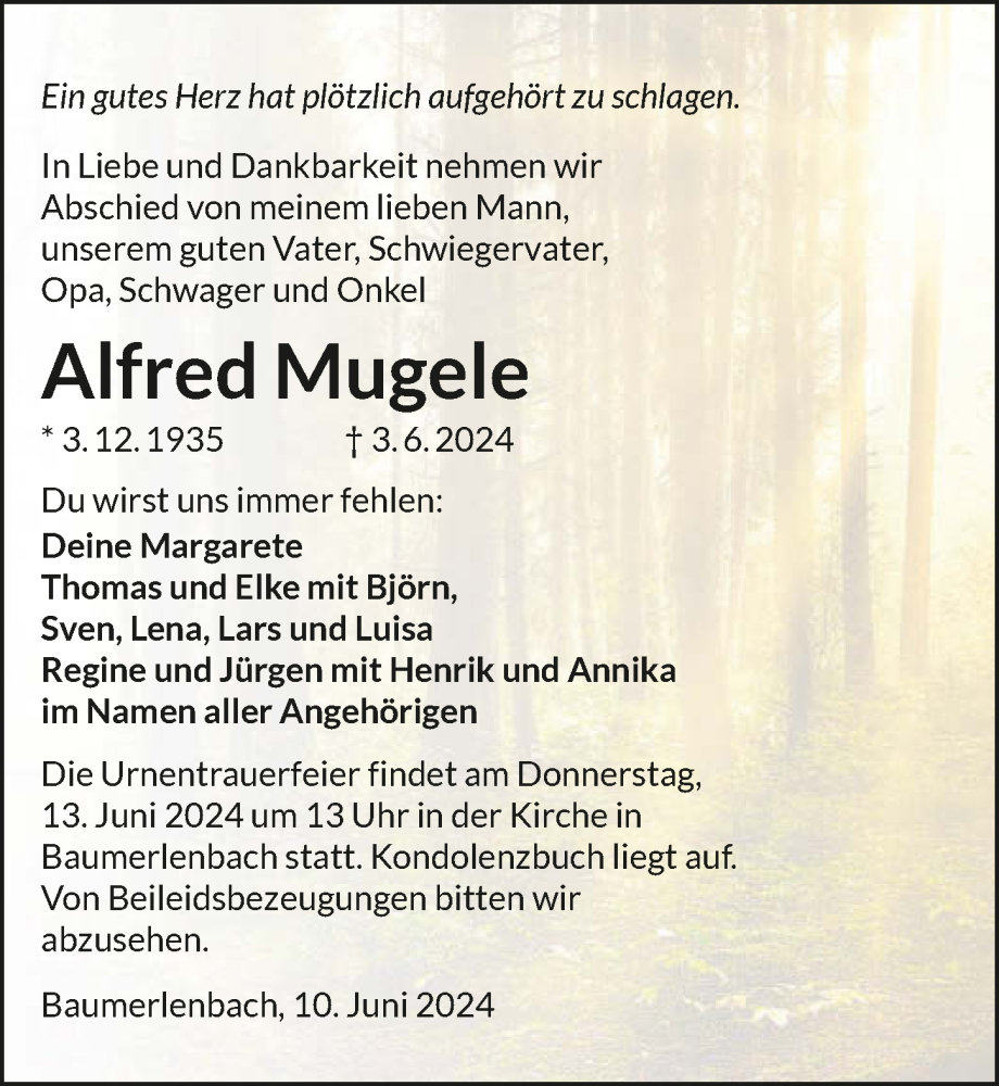  Traueranzeige für Alfred Mugele vom 10.06.2024 aus GESAMT