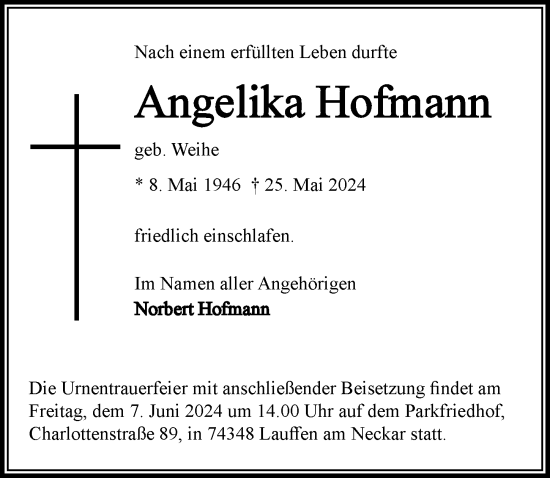 Traueranzeige von Angelika Hofmann von GESAMT