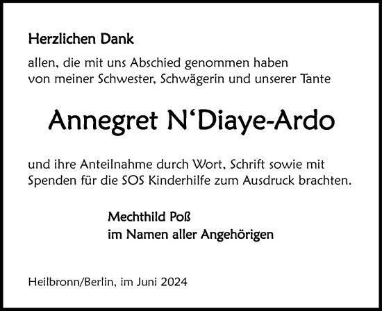 Traueranzeige von Annegret N´Diaye-Ardo von GESAMT