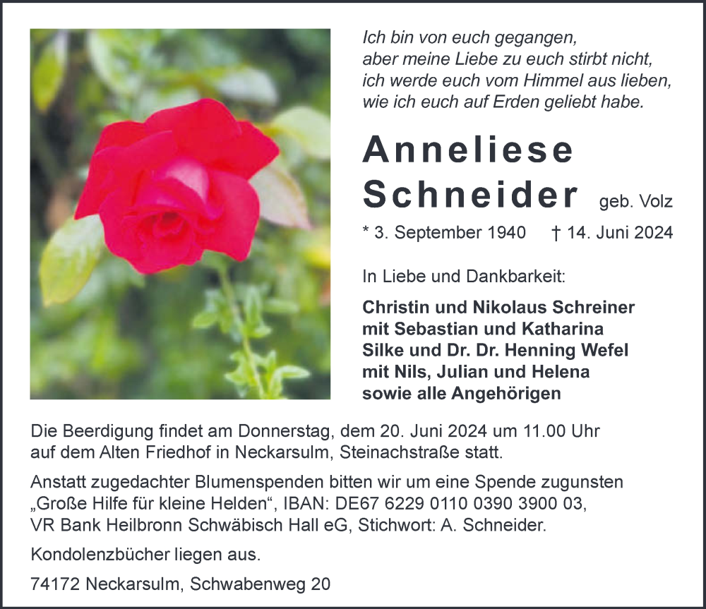  Traueranzeige für Anneliese Schneider vom 19.06.2024 aus GESAMT