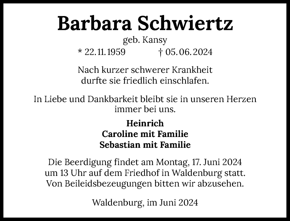  Traueranzeige für Barbara Schwiertz vom 13.06.2024 aus GESAMT
