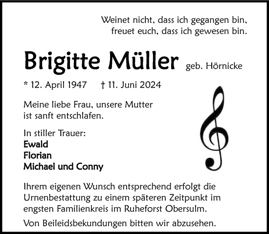 Traueranzeige von Brigitte Müller von GESAMT