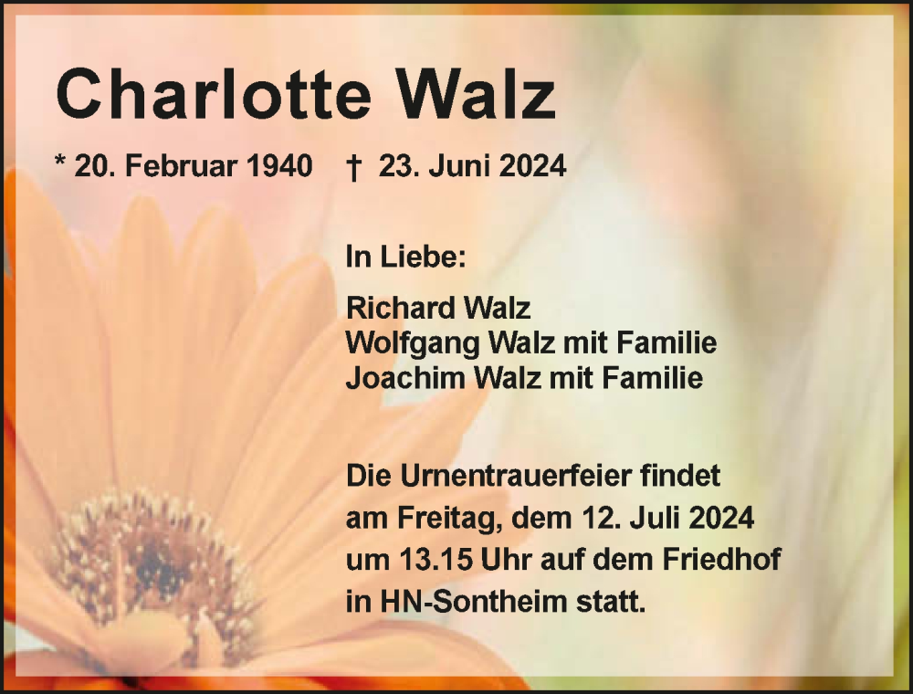  Traueranzeige für Charlotte Walz vom 29.06.2024 aus GESAMT