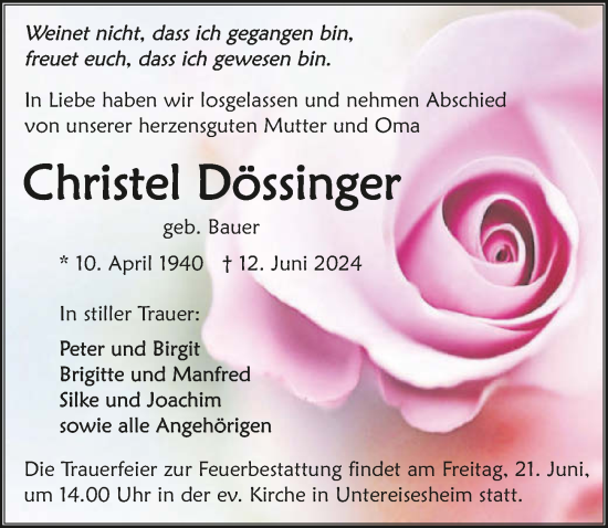 Traueranzeige von Christel Dössinger von GESAMT
