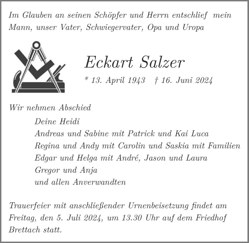  Traueranzeige für Eckart Salzer vom 29.06.2024 aus GESAMT