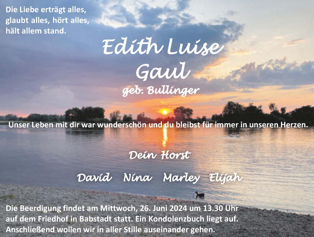  Traueranzeige für Edith Luise Gaul vom 22.06.2024 aus GESAMT