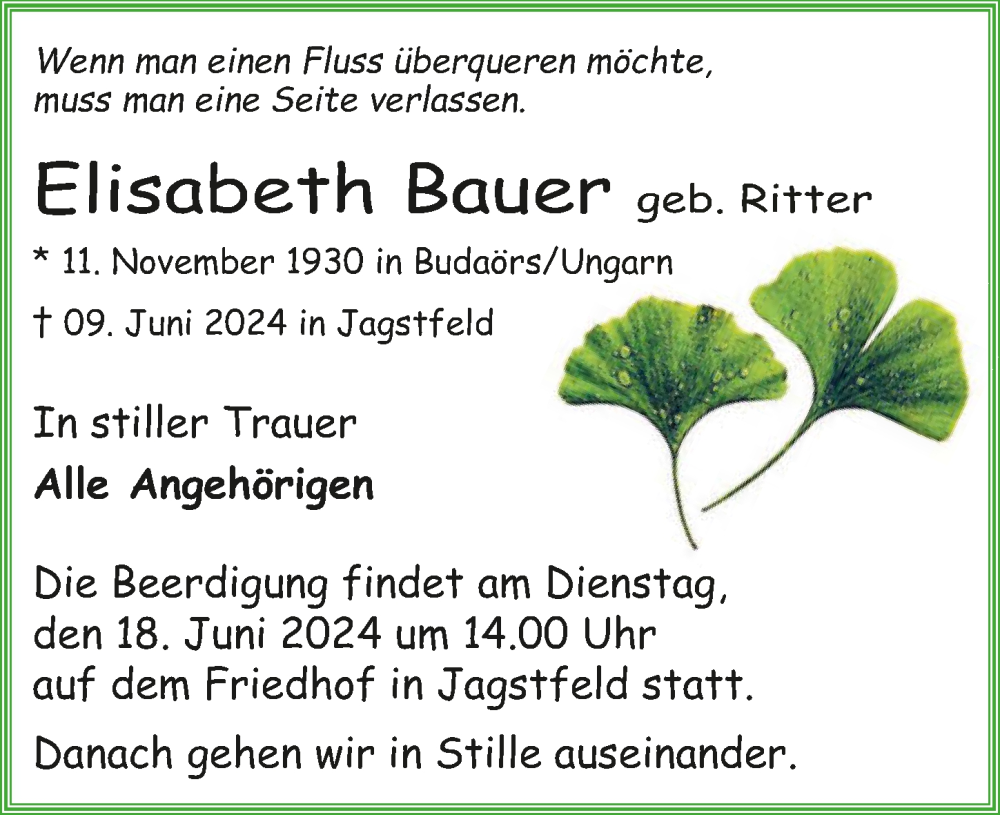  Traueranzeige für Elisabeth Bauer vom 15.06.2024 aus GESAMT