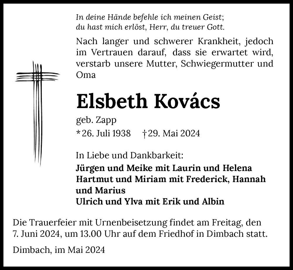  Traueranzeige für Elsbeth Kovács vom 04.06.2024 aus GESAMT