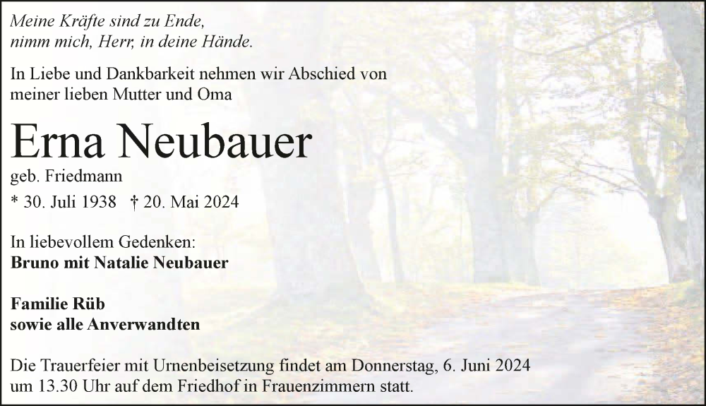  Traueranzeige für Erna Neubauer vom 01.06.2024 aus GESAMT