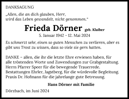 Traueranzeige von Frieda Dörner von GESAMT