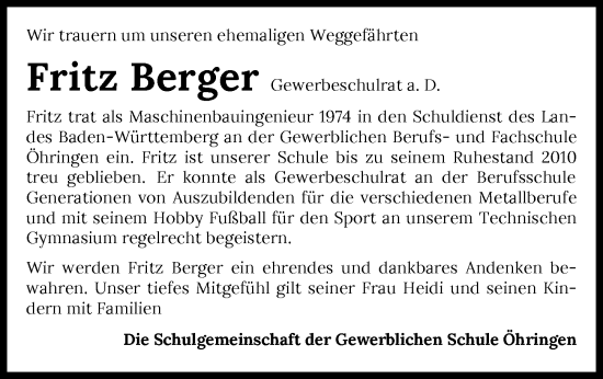 Traueranzeige von Fritz Berger von GESAMT