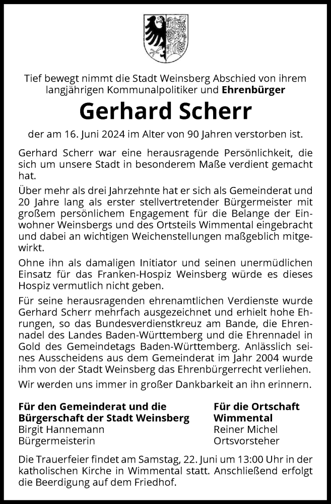  Traueranzeige für Gerhard Scherr vom 20.06.2024 aus GESAMT