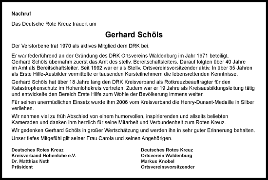 Traueranzeige von Gerhard Schöls von GESAMT