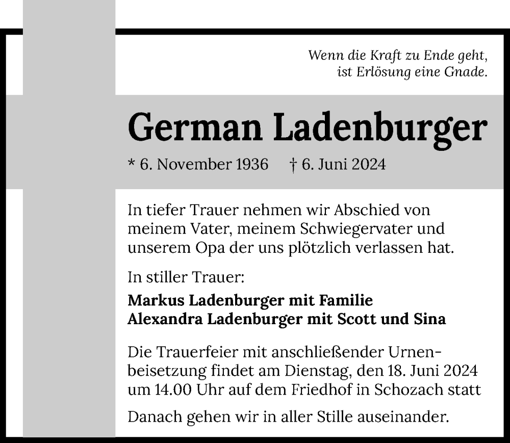  Traueranzeige für German Ladenburger vom 15.06.2024 aus GESAMT