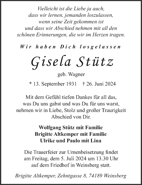 Traueranzeige von Gisela Stütz von GESAMT