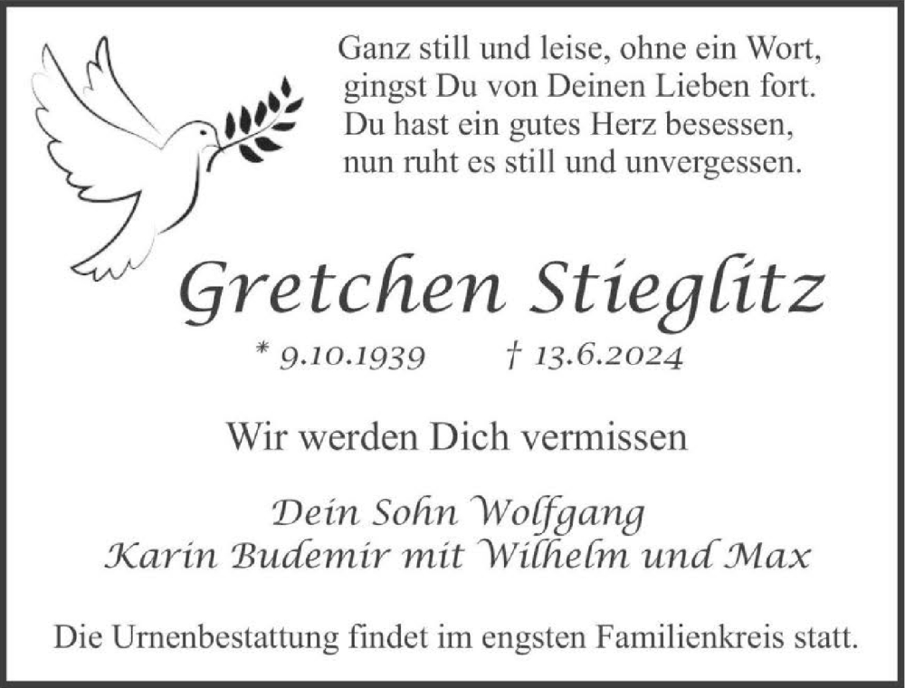  Traueranzeige für Gretchen Stieglitz vom 22.06.2024 aus GESAMT