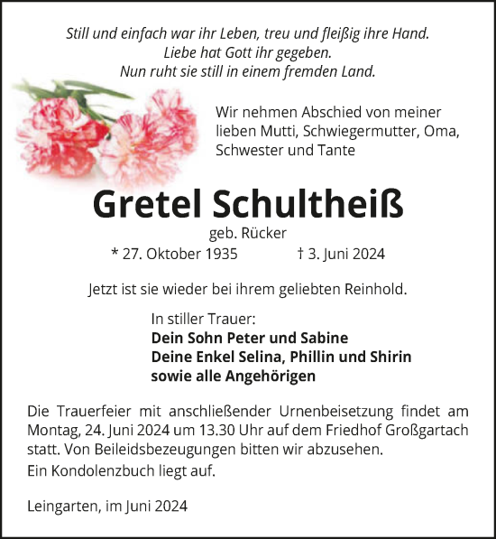 Traueranzeige von Gretel Schultheiß von GESAMT
