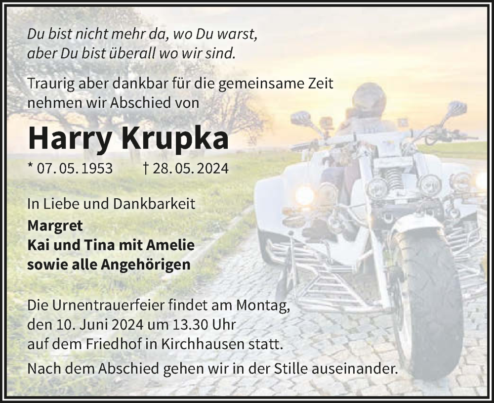  Traueranzeige für Harry Krupka vom 05.06.2024 aus GESAMT