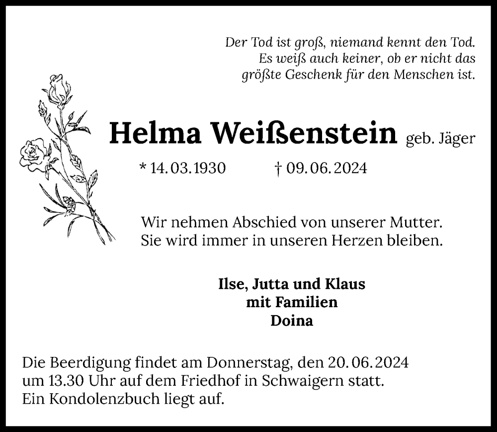  Traueranzeige für Helma Weißenstein vom 15.06.2024 aus GESAMT