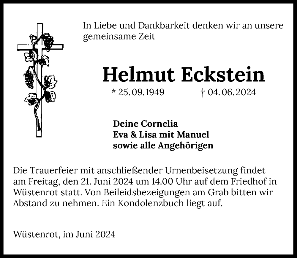  Traueranzeige für Helmut Eckstein vom 18.06.2024 aus GESAMT