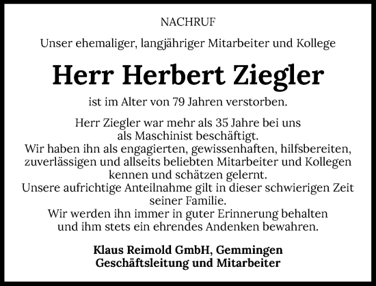 Traueranzeige von Herbert Ziegler von GESAMT