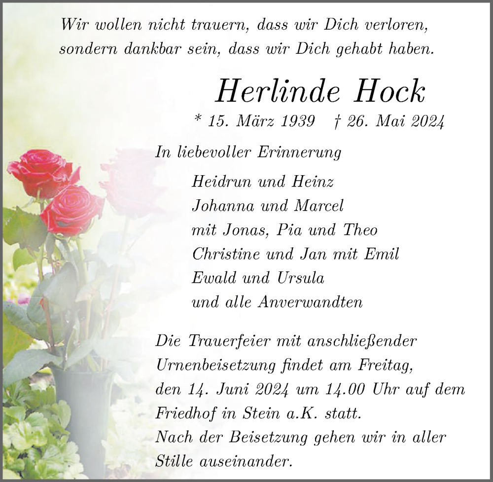  Traueranzeige für Herlinde Hock vom 11.06.2024 aus GESAMT