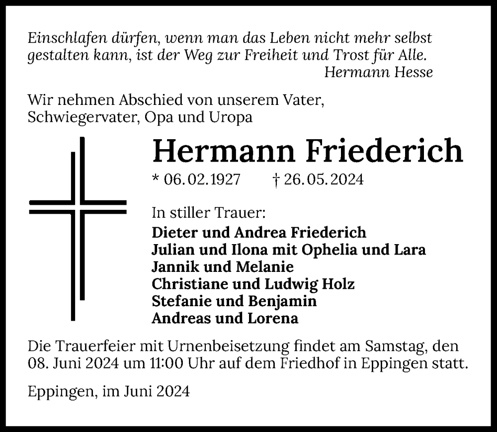  Traueranzeige für Hermann Friederich vom 05.06.2024 aus GESAMT