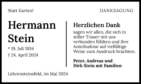 Traueranzeige von Hermann Stein von GESAMT