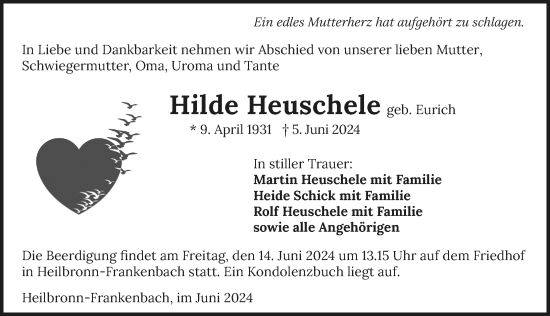 Traueranzeige von Hilde Heuschele von GESAMT