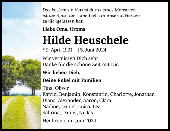Traueranzeige von Hilde Heuschele von GESAMT