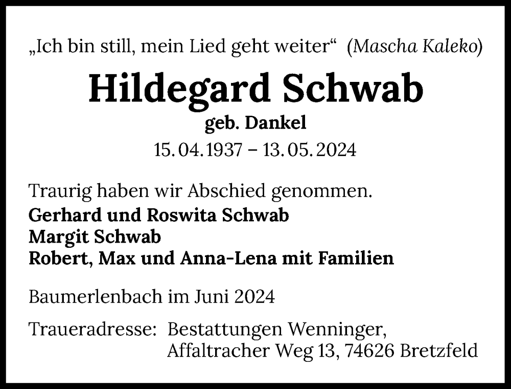  Traueranzeige für Hildegard Schwab vom 29.06.2024 aus GESAMT