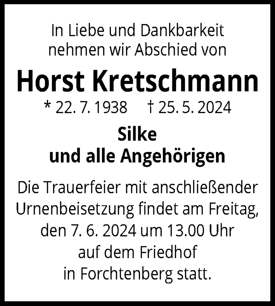  Traueranzeige für Horst Kretschmann vom 04.06.2024 aus GESAMT