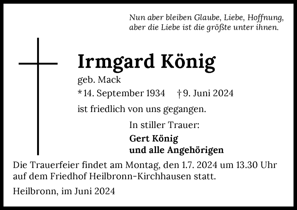  Traueranzeige für Irmgard König vom 22.06.2024 aus GESAMT
