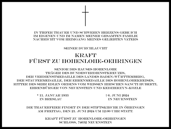 Traueranzeige von Kraft Fürst zu Hohenlohe von GESAMT