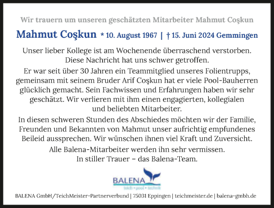 Traueranzeige von Mahmut Coskun von GESAMT