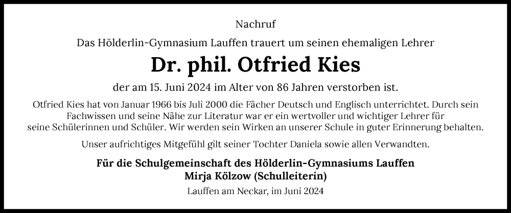  Traueranzeige für Otfried Kies vom 29.06.2024 aus GESAMT