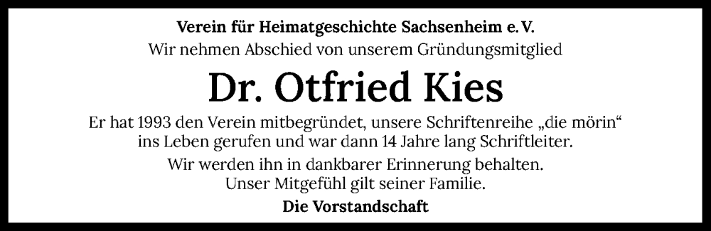  Traueranzeige für Otfried Kies vom 26.06.2024 aus GESAMT