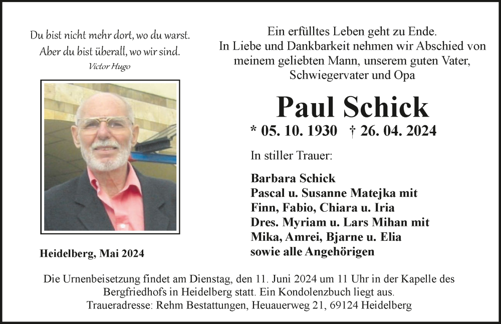  Traueranzeige für Paul Schick vom 01.06.2024 aus GESAMT