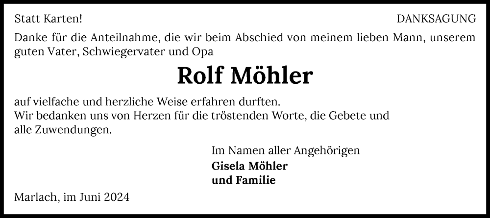  Traueranzeige für Rolf Möhler vom 29.06.2024 aus GESAMT