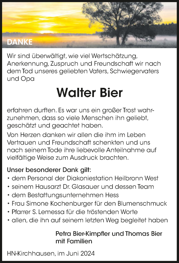  Traueranzeige für Walter Bier vom 15.06.2024 aus GESAMT