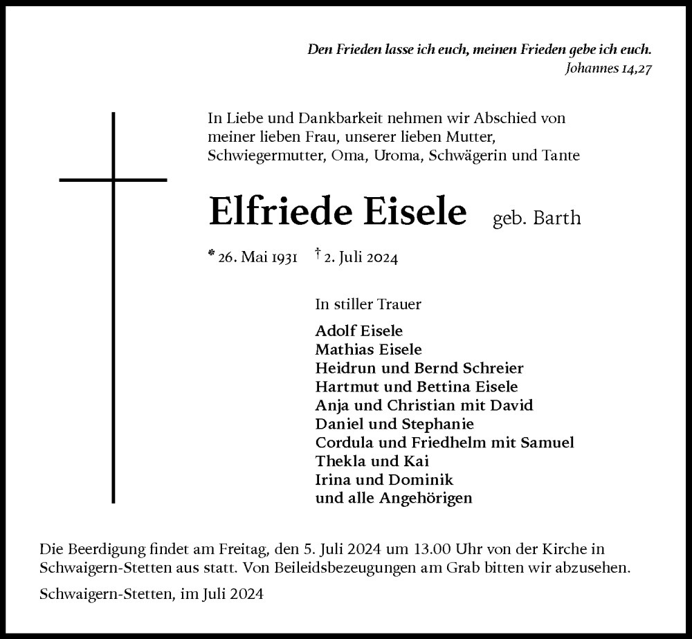  Traueranzeige für Elfriede Eisele vom 04.07.2024 aus GESAMT